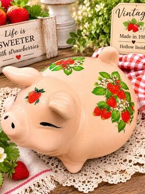 Source Unknown Pink Ceramic Pig Bank with Red Strawberry Decals